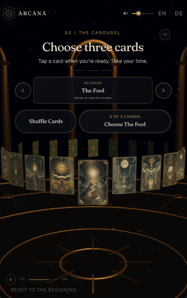 Arcana tarot card reading interface